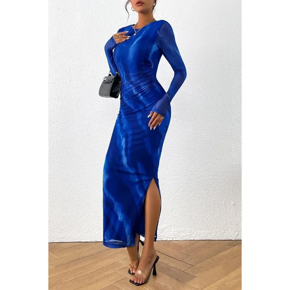 Women's Blue Watercolour Long Sleeve Floral Print Tight Fitted Bodycon Maxi Dres